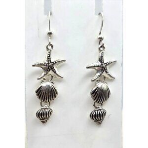 Silver Tone Beach Earrings - Star Fish, Seashell, Conch Shell Dangle